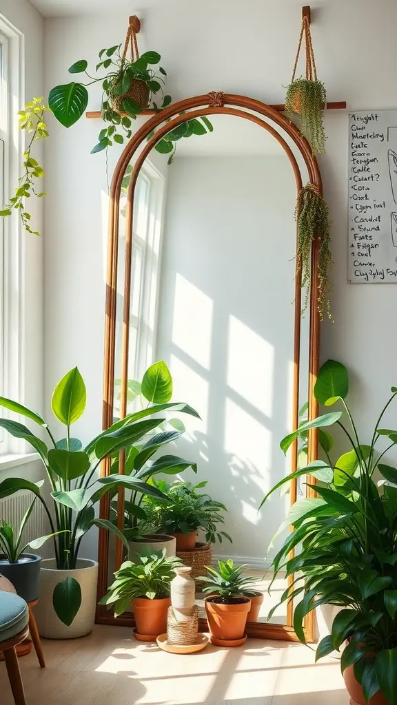 A bright room filled with plants and a large mirror reflecting natural light.