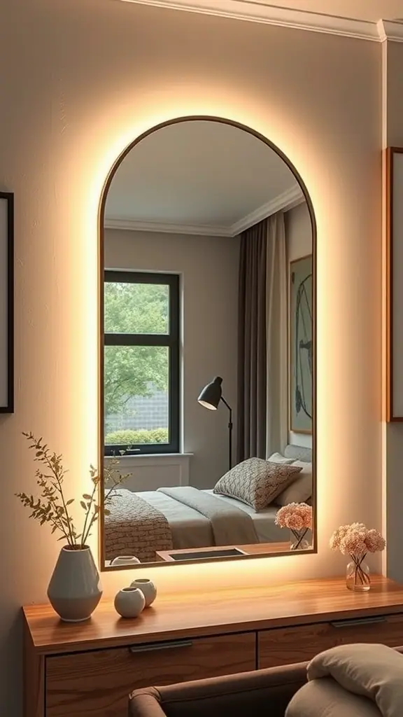 A well-lit mirror in a cozy bedroom setting, reflecting natural light and enhancing the ambiance.