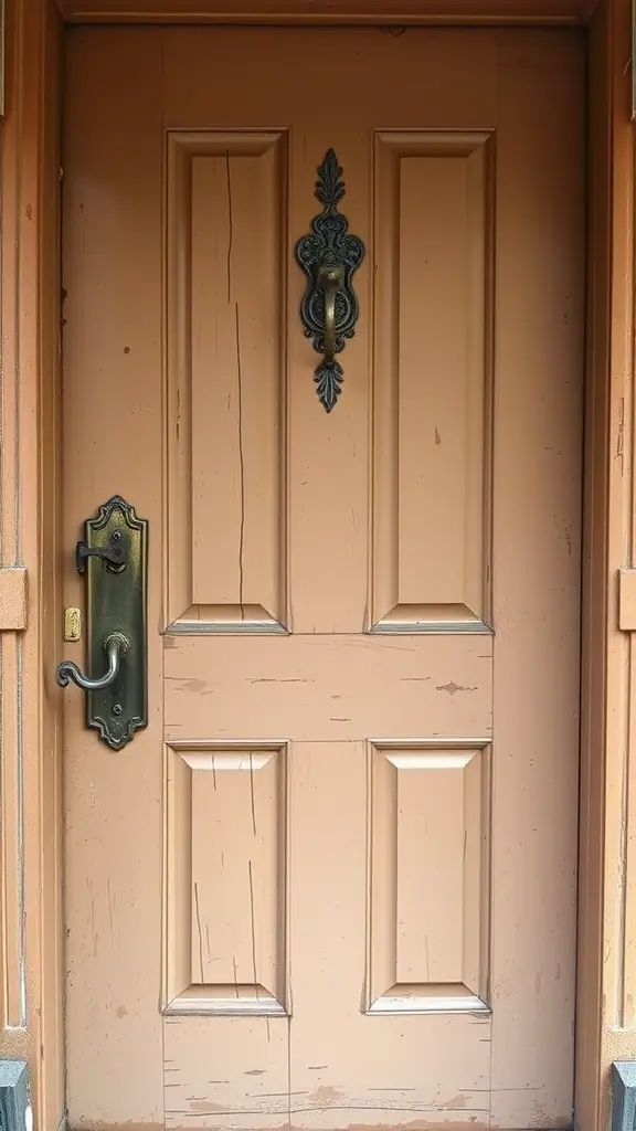 A vintage door with a weathered finish and ornate handle.