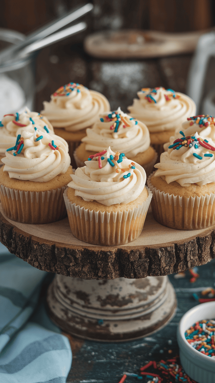 A display of vanilla cupcakes with colorful sprinkles on top, arranged on a rustic wooden stand.