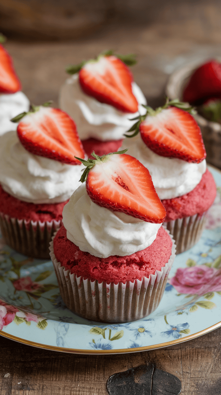Strawberry cheesecake cupcakes topped with whipped cream and fresh strawberries.