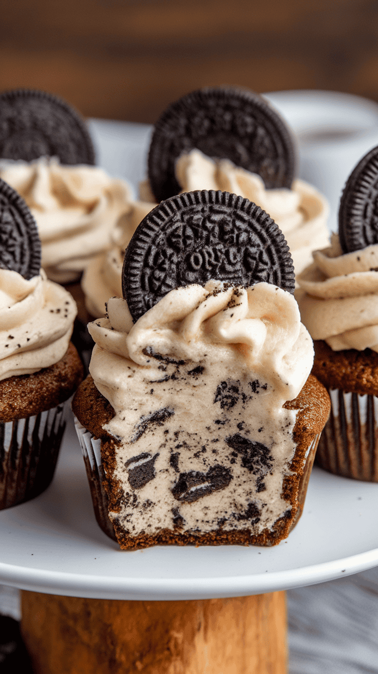Delicious cookies and cream cupcakes with frosting and an Oreo on top