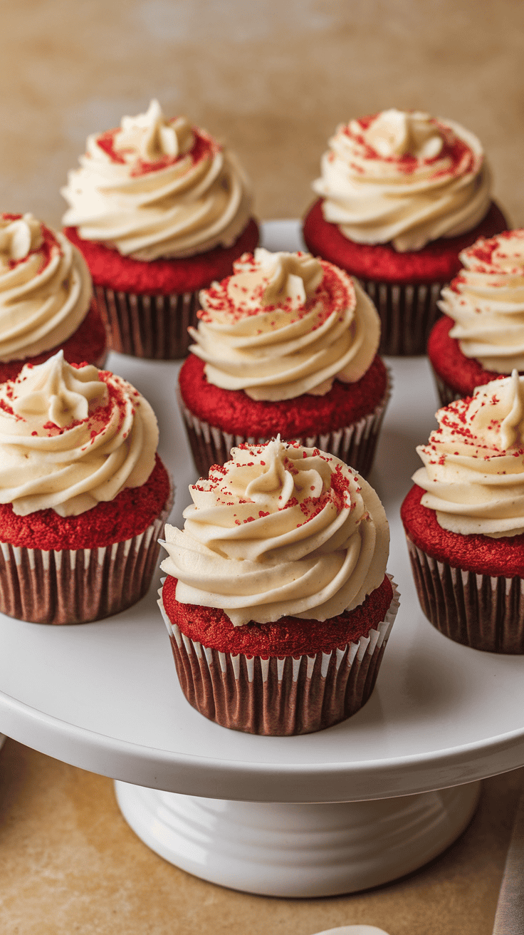 A display of red velvet cupcakes with cream cheese frosting and red sprinkles on top.
