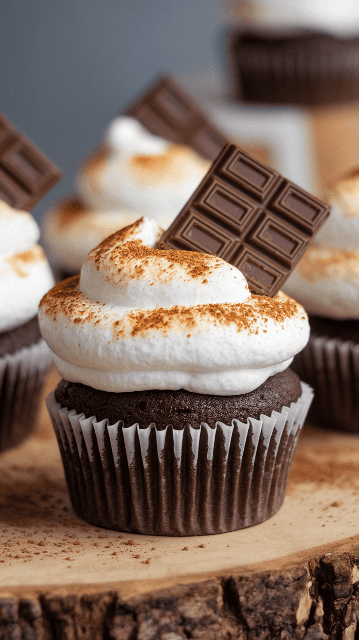 Delicious S'mores cupcake topped with chocolate and marshmallow