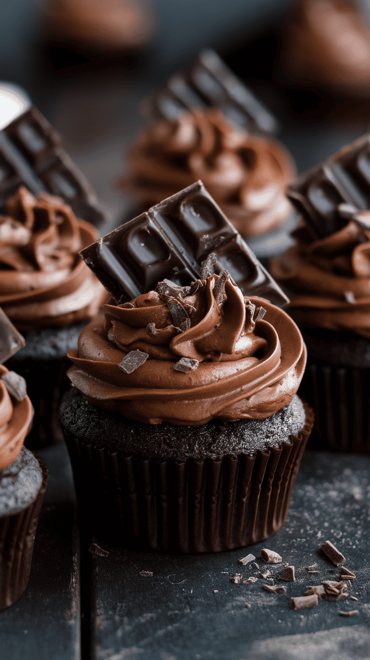 Delicious rich chocolate fudge cupcakes topped with chocolate bar pieces.