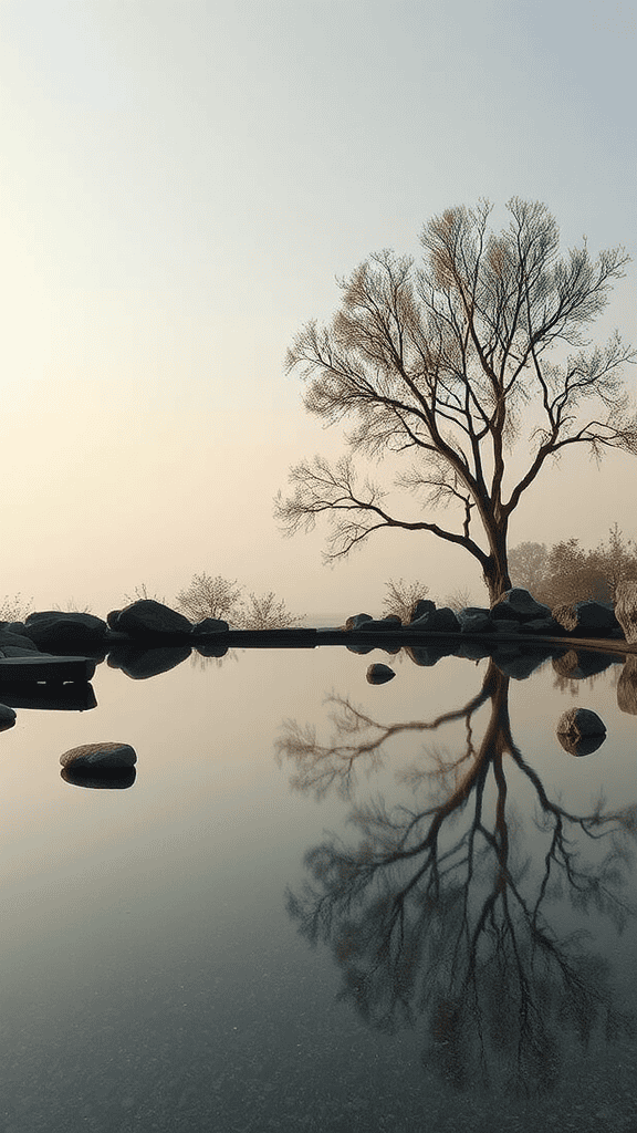 A bare tree reflection on still water, symbolizing tranquility and introspection.