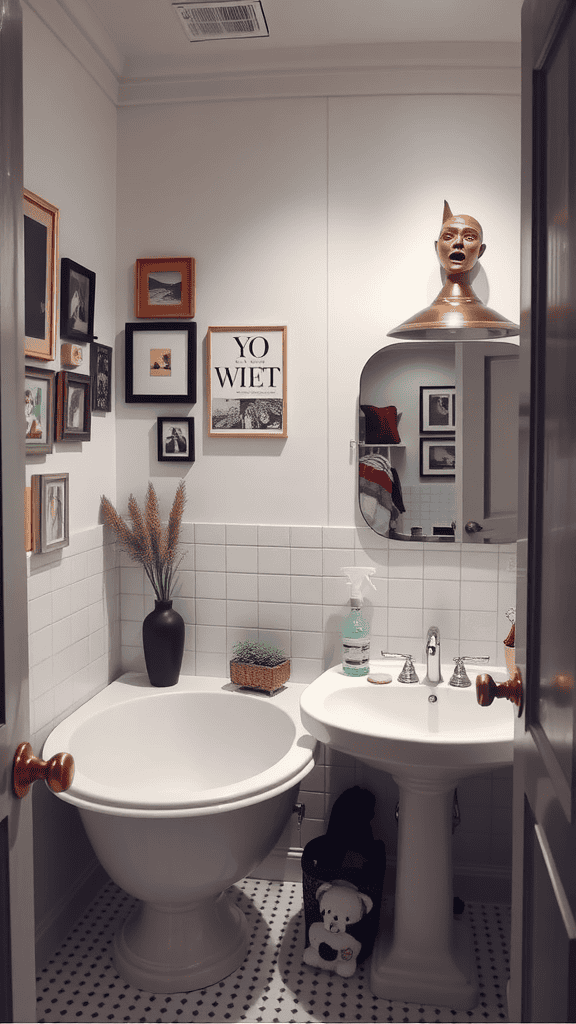 A uniquely decorated bathroom featuring framed pictures, a sculptural light fixture, and plants.