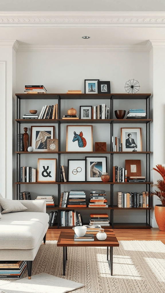 A modern living room with artistic shelving featuring books, framed photos, and decorative items.