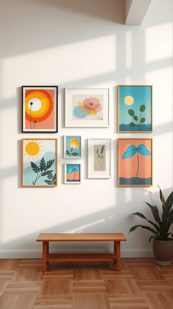 A collection of colorful framed art pieces on a wall, featuring themes of nature and abstract designs, with a wooden bench beneath.
