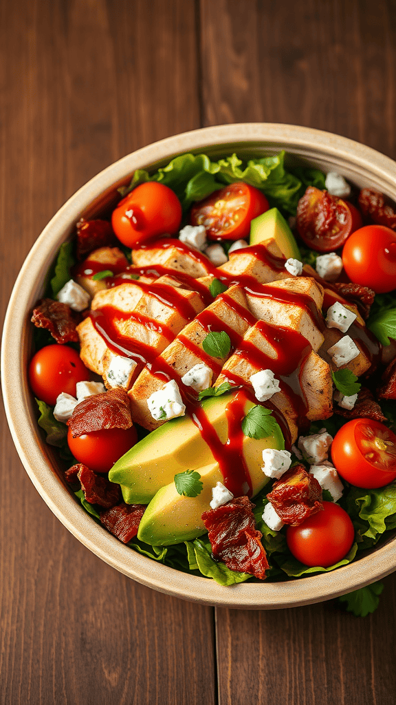 A vibrant BBQ Cobb salad with grilled chicken, avocado, bacon, and BBQ sauce