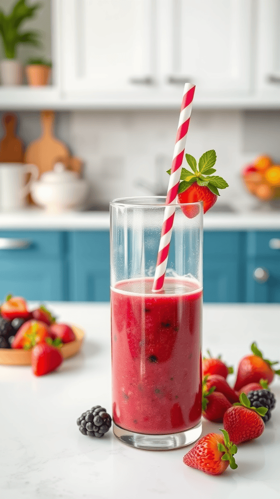 A Berry Smoothie Bowl topped with fresh strawberries, blueberries, raspberries, and granola