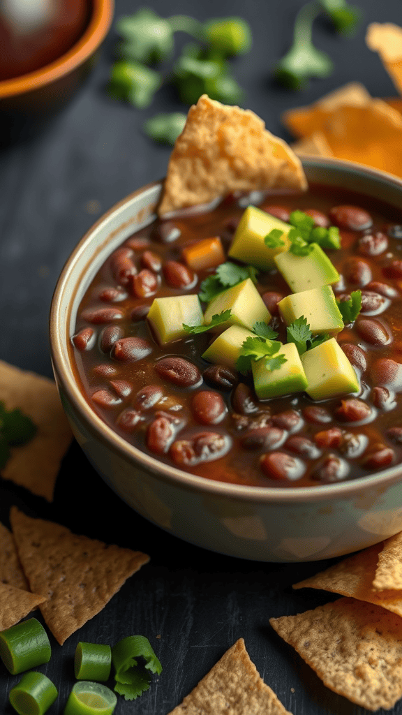 A bowl of black bean soup topped with avocado and cilantro, surrounded by tortilla chips and green onions.
