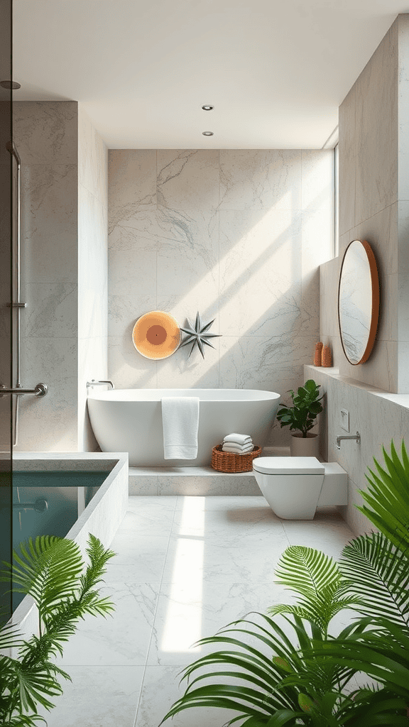 A modern bathroom with a freestanding tub, natural light, and plants