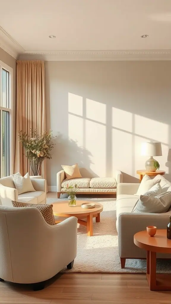 A serene living room with beige and cream furniture, natural light, and simple decor.