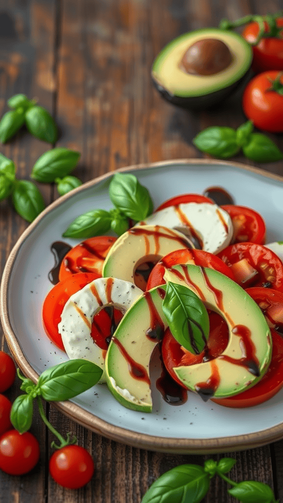 Caprese Avocado Salad with tomatoes, mozzarella, and avocado on a plate.