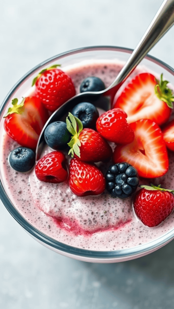 Chia seed pudding layered with fresh berries in a glass bowl