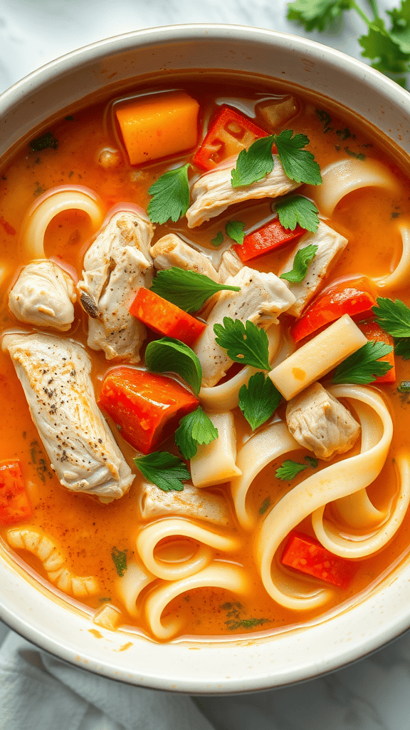 A bowl of chicken noodle soup with fresh herbs, featuring chicken pieces, colorful vegetables, and egg noodles in a rich broth.