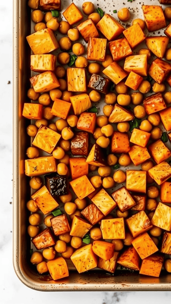 Chickpeas and sweet potatoes diced and roasted on a sheet pan.
