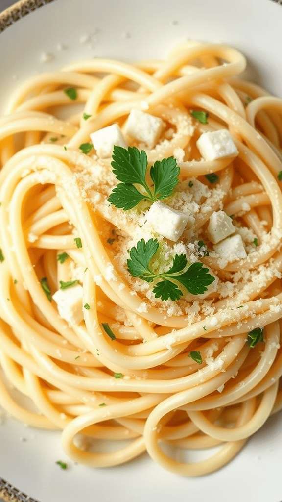 A bowl of Fettuccine Alfredo with parsley and cheese