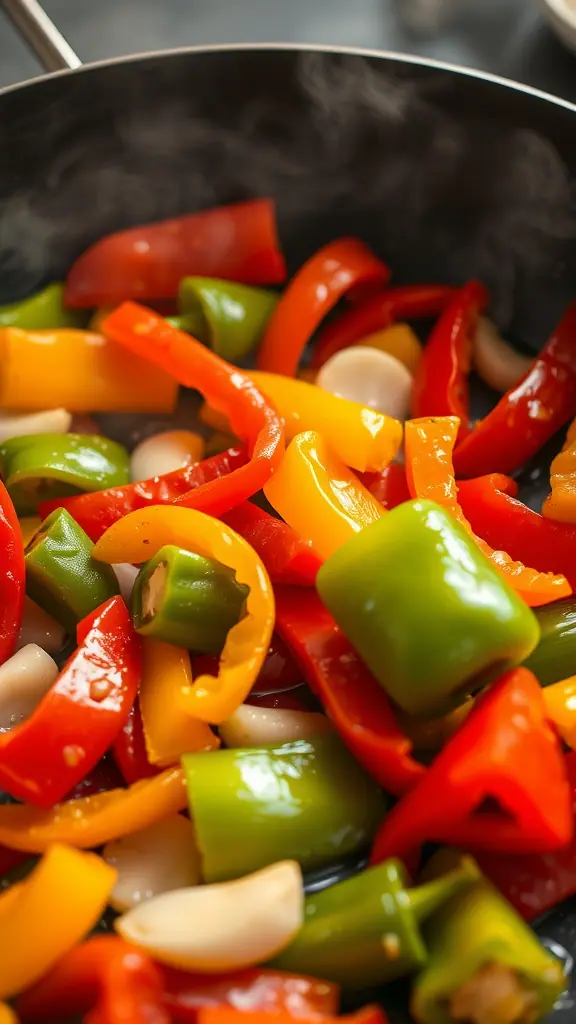 A colorful medley of sliced bell peppers in a skillet.