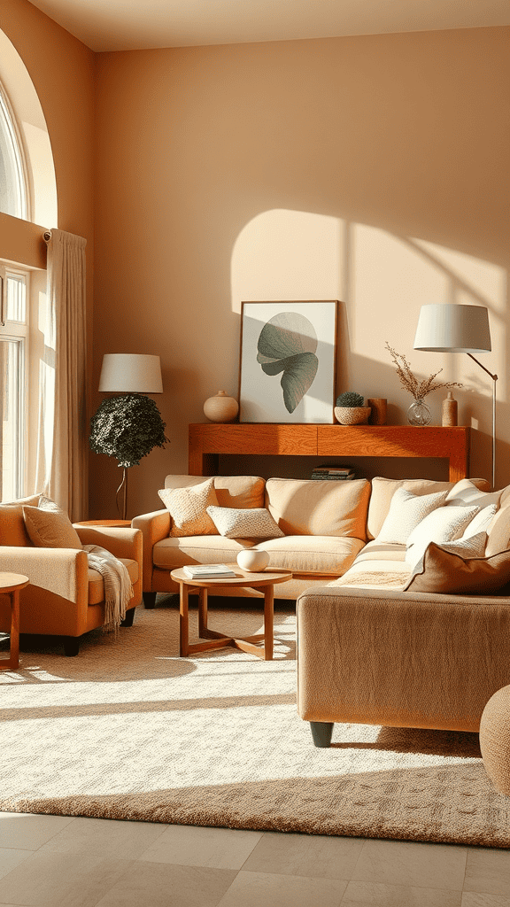 A cozy living room with creamy caramel tones, showcasing warm seating, natural light, and minimalist decor.