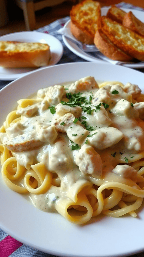 Plate of creamy chicken alfredo pasta with garlic bread on the side