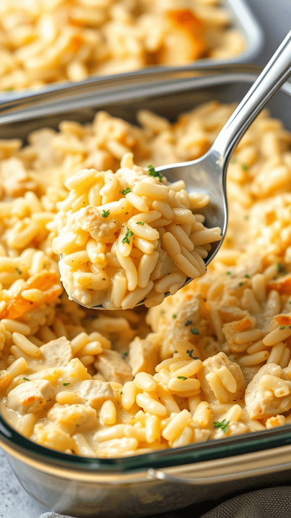 A close-up of creamy chicken rice casserole with a golden topping