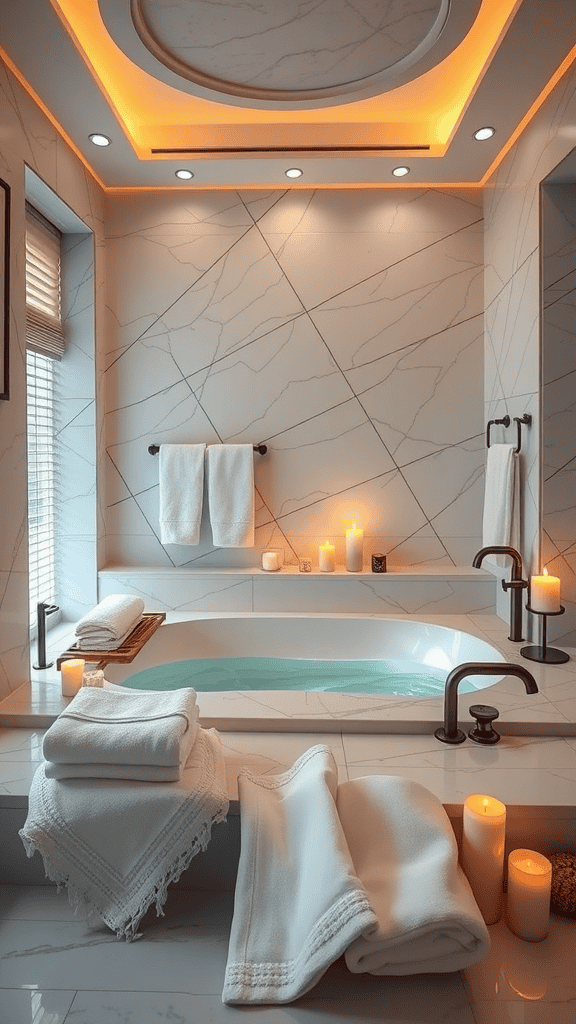 A spa-like bathroom with soft lighting, a soaking tub, and neatly arranged towels.
