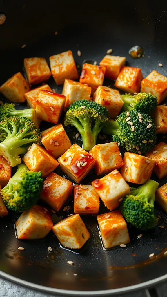 Crispy tofu and broccoli stir-fry in a pan