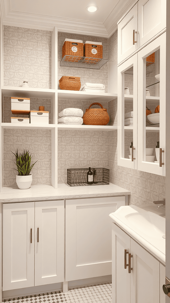 Organized bathroom storage with shelves, baskets, and plants.