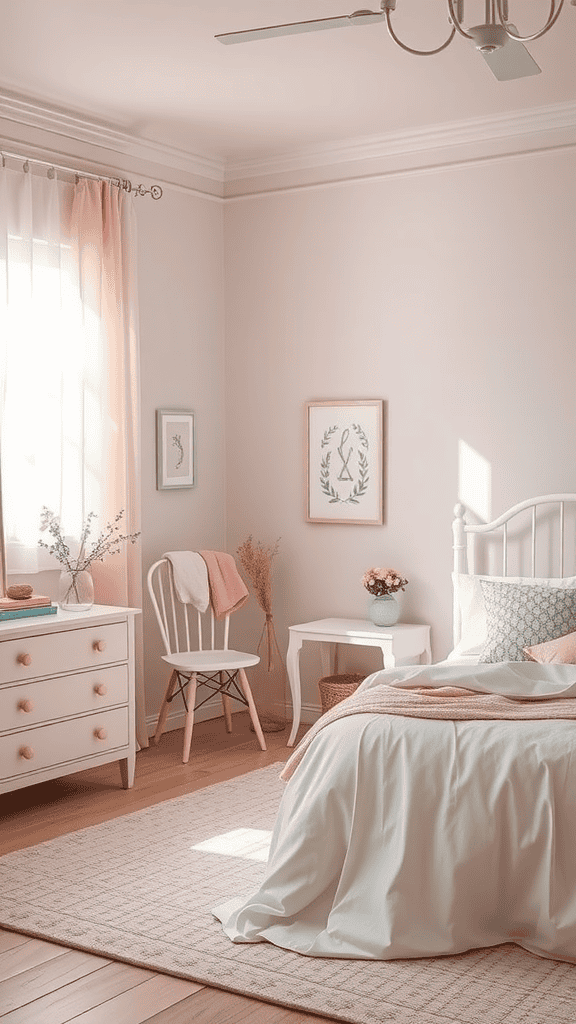 A peaceful bedroom with pastel pink walls, a white bed, and light curtains, creating a calming environment.