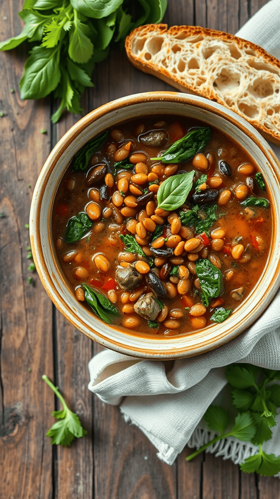 Bowl of hearty lentil soup with spinach and a slice of bread