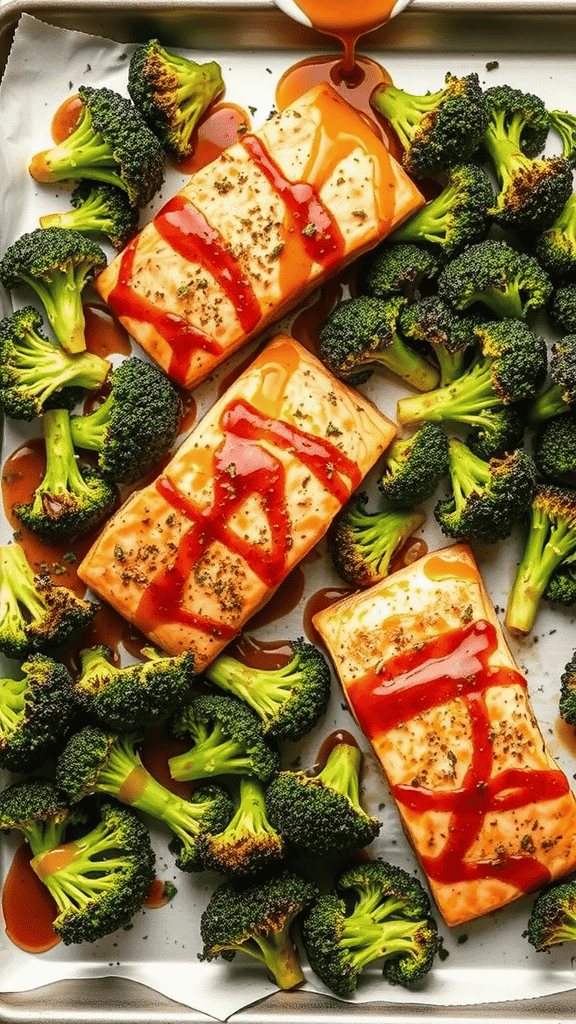 Honey garlic salmon with broccoli on a sheet pan