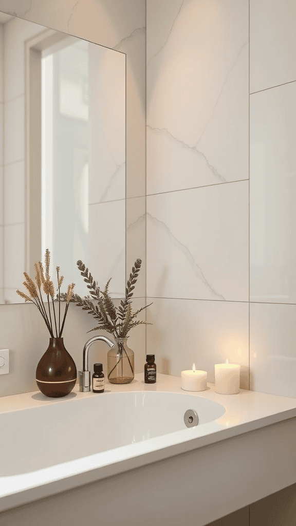 A serene bathroom with a bathtub, candles, essential oils, and plants, creating a calming atmosphere for aromatherapy.