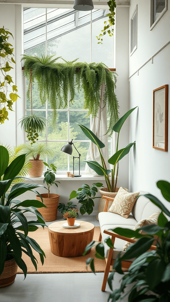 A bright indoor space featuring various houseplants, a cozy sofa, and a wooden coffee table, all under natural light.