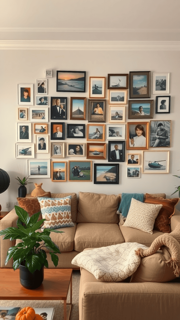 A cozy living room featuring a gallery wall of framed photographs, a beige couch with decorative pillows, and houseplants.