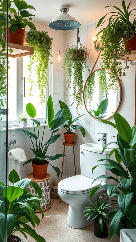 A bright and lush bathroom filled with various green plants, creating a fresh and inviting atmosphere.