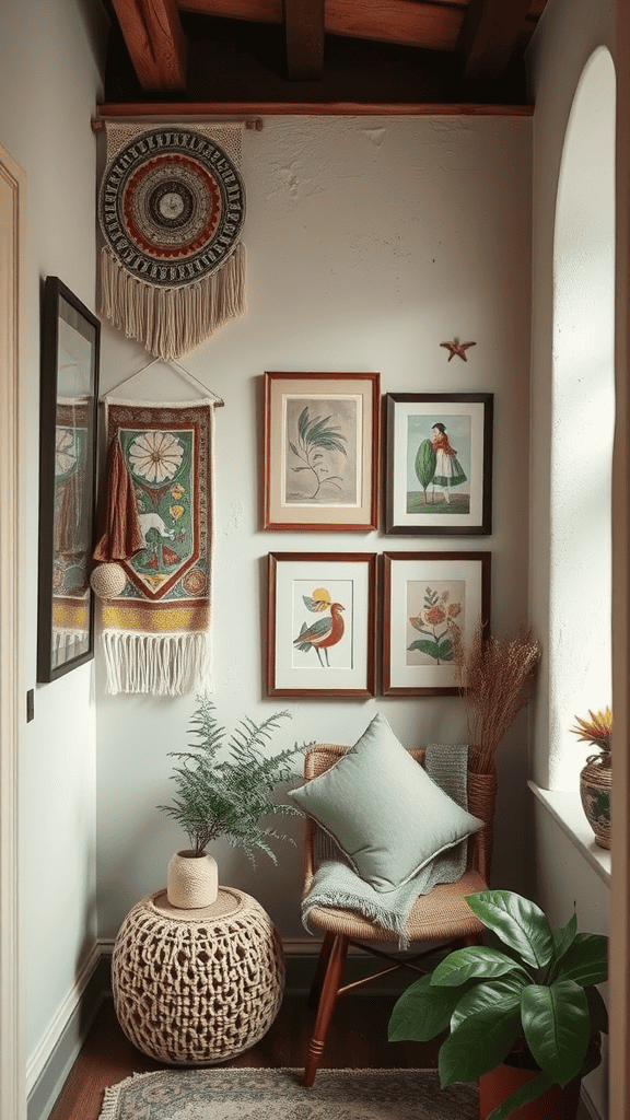 A cozy corner with framed art, a colorful wall hanging, a woven chair, and plants.