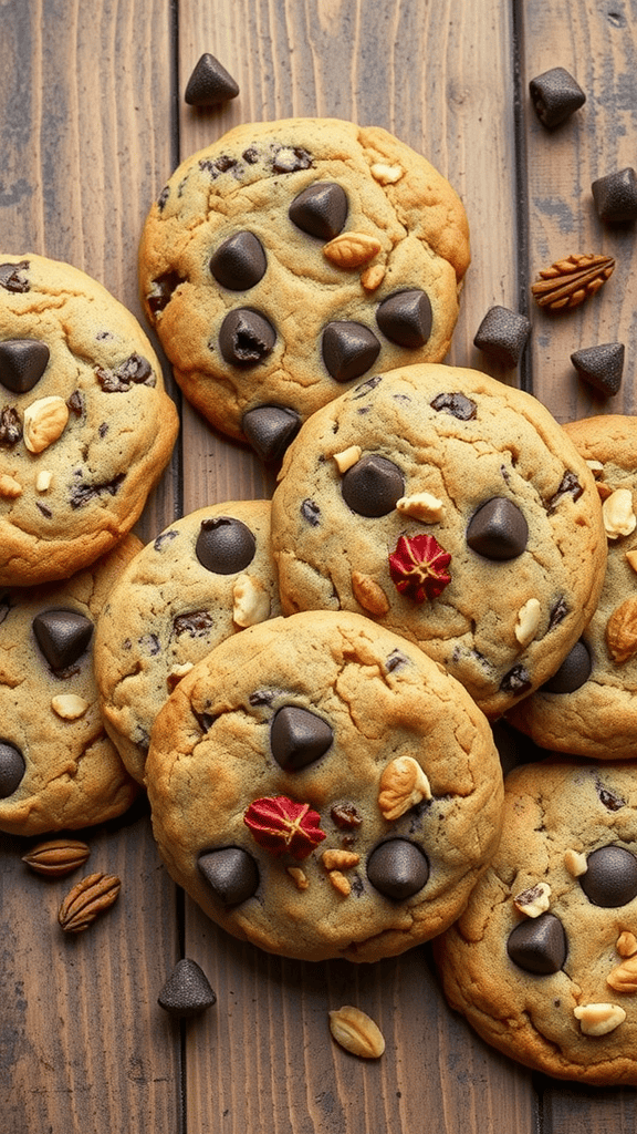 Delicious chocolate chip cookies with nuts and dried fruits on a wooden surface