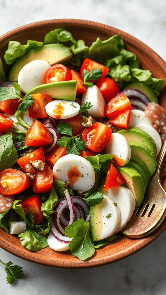 A vibrant Italian Cobb salad with fresh ingredients like romaine lettuce, cherry tomatoes, avocado, mozzarella, and more.