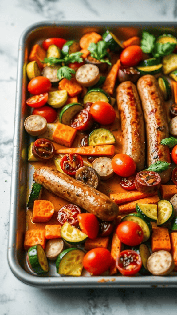 Sheet pan with Italian sausage and colorful roasted vegetables including tomatoes, zucchini, and butternut squash.