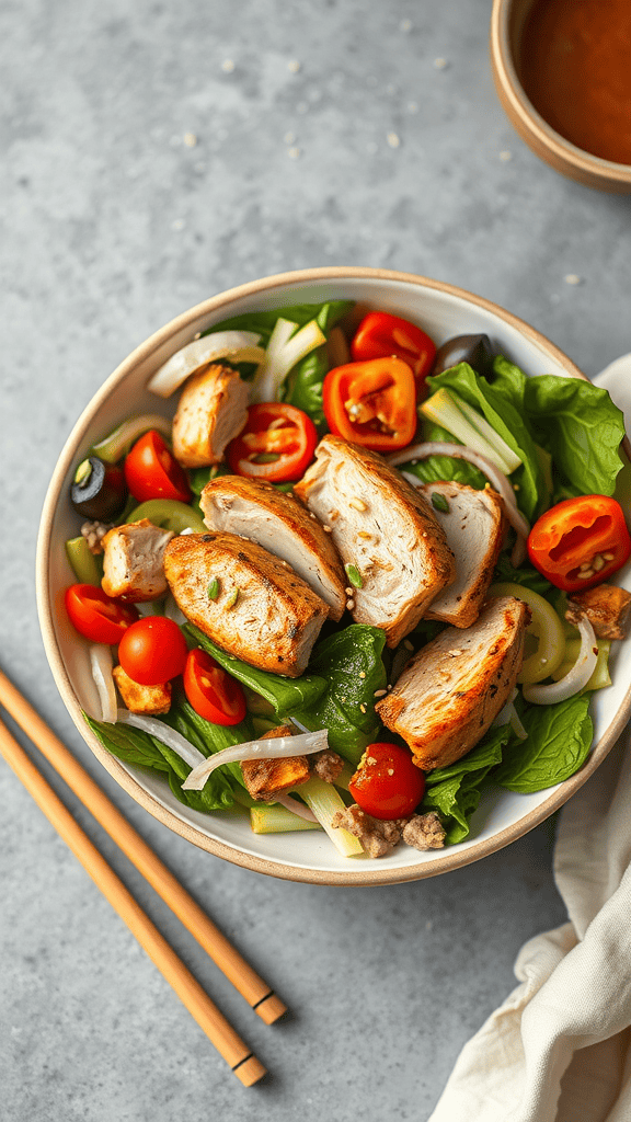 Bowl of Korean-Style Chicken Salad with sliced chicken, greens, and vegetables