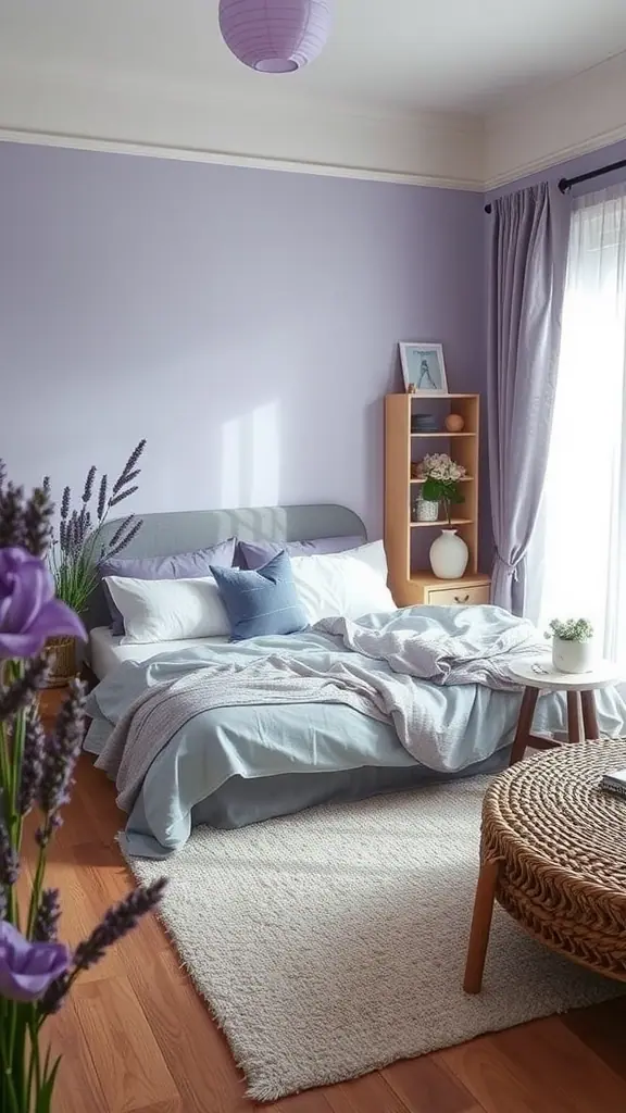 A calming bedroom with lavender walls, soft bedding, and natural elements.
