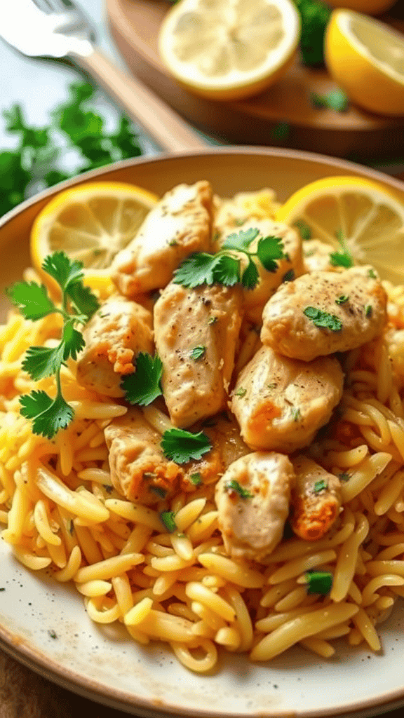 A plate of lemon herb chicken orzo garnished with lemon slices and fresh herbs.