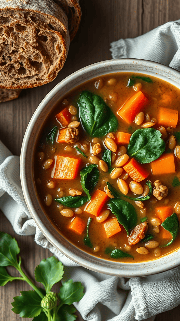 A bowl of lentil soup with spinach and carrots beside slices of rustic bread.