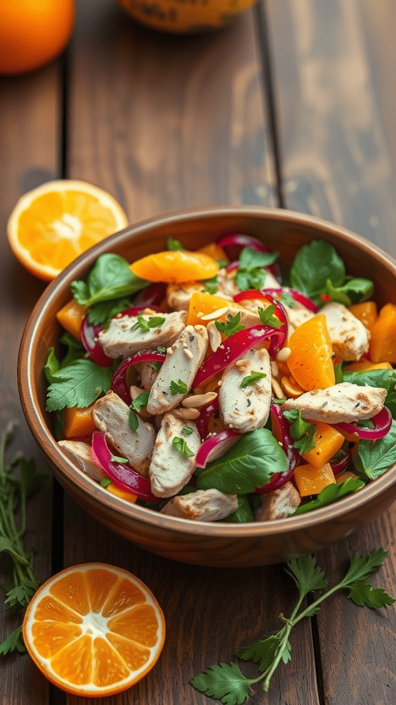 Mandarin & Almond Chicken Salad with sliced chicken, mandarins, almonds, greens, and red onion in a bowl