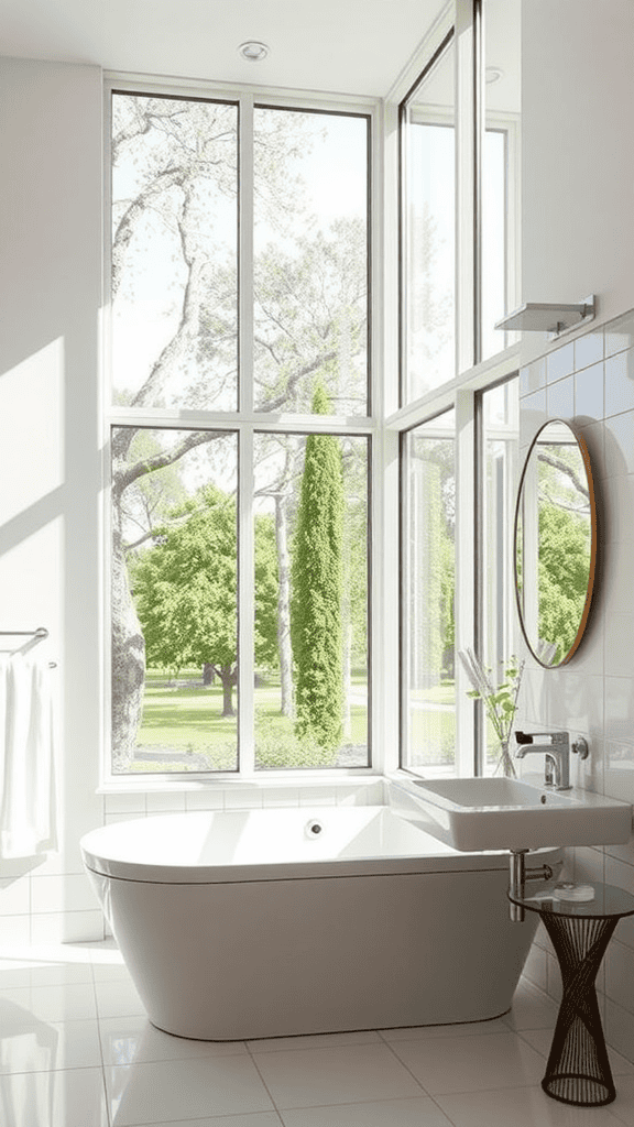 A bright bathroom with large windows, a freestanding bathtub, and modern fixtures.