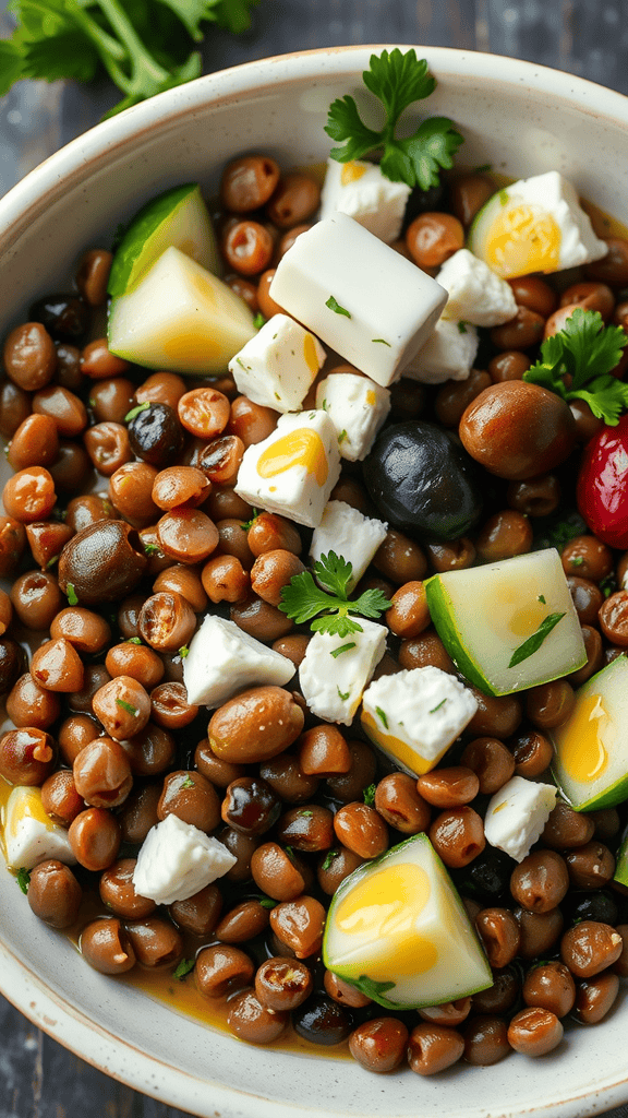 A Mediterranean Lentil Bowl with lentils, cucumbers, olives, and feta cheese topped with fresh herbs.