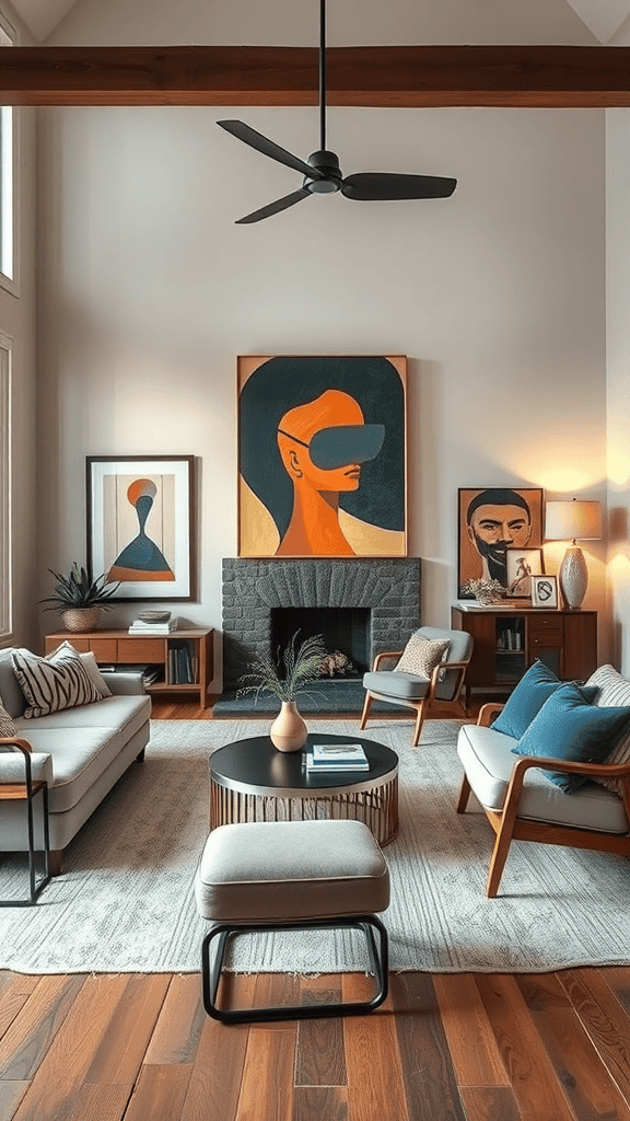A stylish living room featuring a mix of modern and vintage art, with a cozy seating area, vibrant artwork, and warm wood accents.