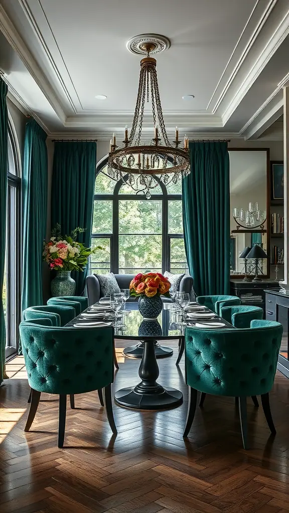 A luxurious dining area featuring teal tufted chairs, a stunning chandelier, and a large window with natural light.